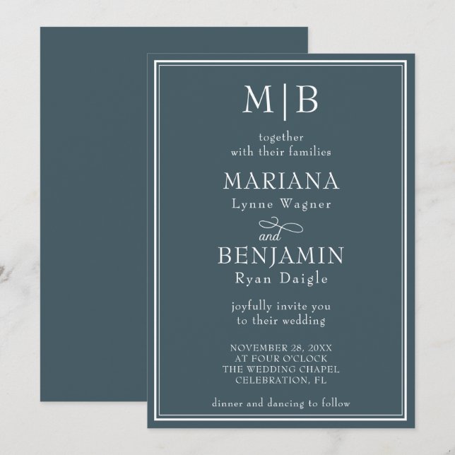 Modern kantlinje minimalistisk boho blå bröllops- inbjudningar (Fram/baksida)