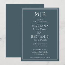 Modern kantlinje minimalistisk boho blå bröllops- inbjudningar