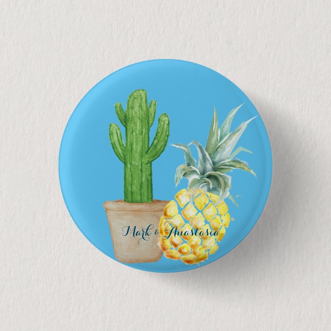 Modern Kärlek Blue Pineapple och Cactus Knapp (Framsida)