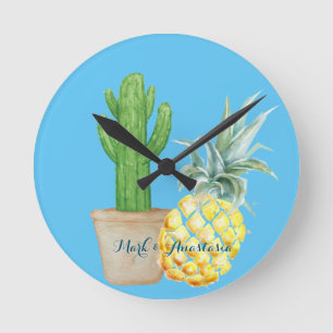 Modern Kärlek Blue Pineapple och Cactus Rund Klocka