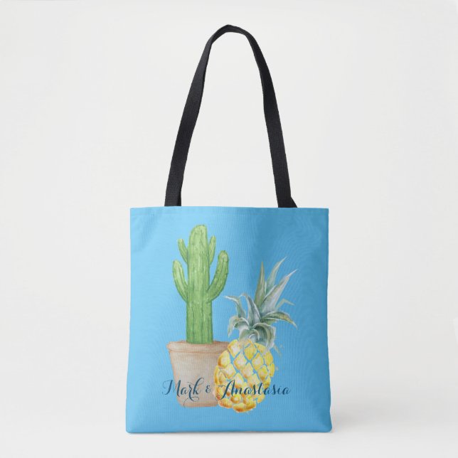 Modern Kärlek Blue Pineapple och Cactus Tygkasse (Framsida)