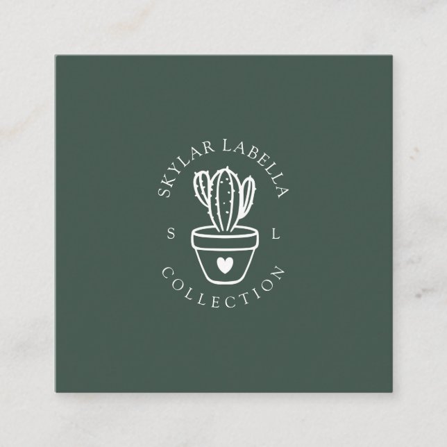 Modern Kärlek Cactus Plant Line-Art Logotyp & Mono Fyrkantigt Visitkort (Framsida)