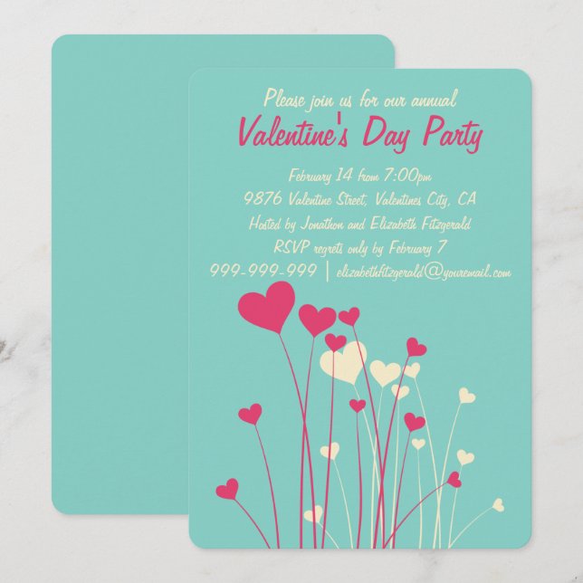 Modern Kärlek Heart Flowers Valentines Party Inbjudningar (Fram/baksida)