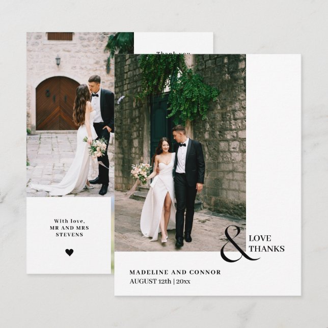 Modern Kärlek och tack Bröllop Photo Collage Kort (Fram/baksida)