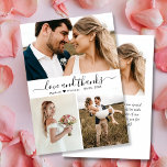 Modern Kärlek och tack Script Collage Bröllop<br><div class="desc">Modern, Elegant, Handskriven skript "Kärlek och tack" Photo Collage Bröllop - tackkort. Snyggt kortmall med tre (3) foto framtill och ett (1) foto baktill. Med texten "Kärlek och tack" i ett snabbt och återgivet kalligrafi- eller typografiskt skript byts svan-teckensnitt i svartvitt mot vit bakgrund. Anpassa namn och tack för budskapet....</div>