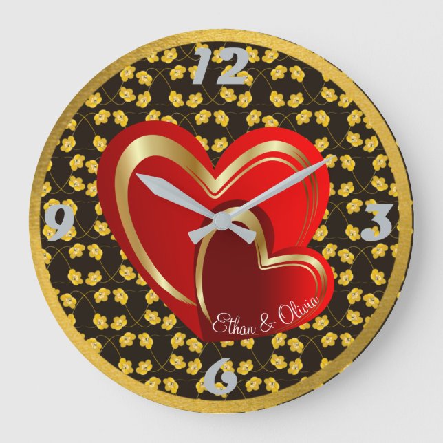 Modern Kärlek Red Hearts Personlig Bröllop Gift Stor Klocka (Framsida)