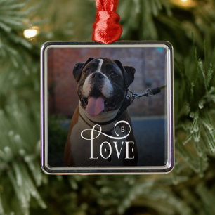 Modern kärlek skräddarsydd hund foto monogram julgransprydnad metall
