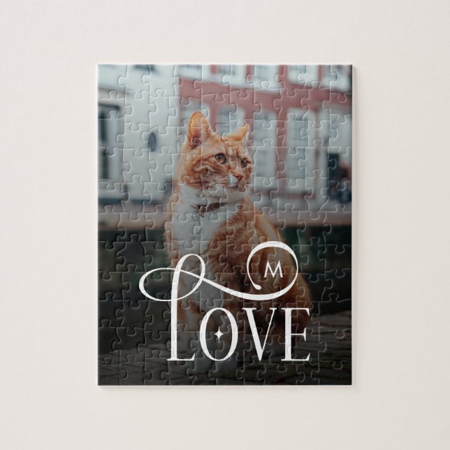 Modern kärlek skräddarsydd kattdjur foto monogram pussel (Vertikal)