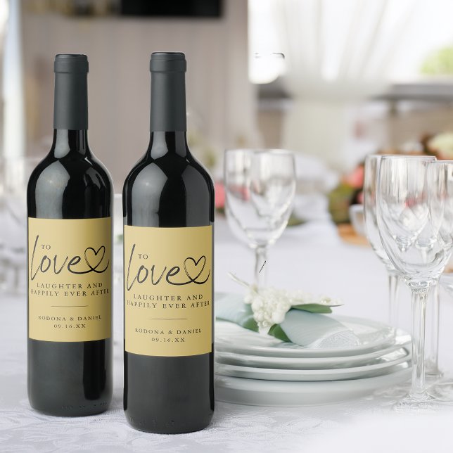 Modern kärlek skratt lyckligt för evigt bröllop vinflaska etikett (Modern Love Laughter Happily Ever After Wedding Wine Label)