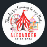 Modern karnival Circus Show Kid Tack Birthday Runt Klistermärke<br><div class="desc">Modern Circus Carnival-festival Visa Kid-Tack för att komma till min Födelsedagsfests favoritetikett</div>