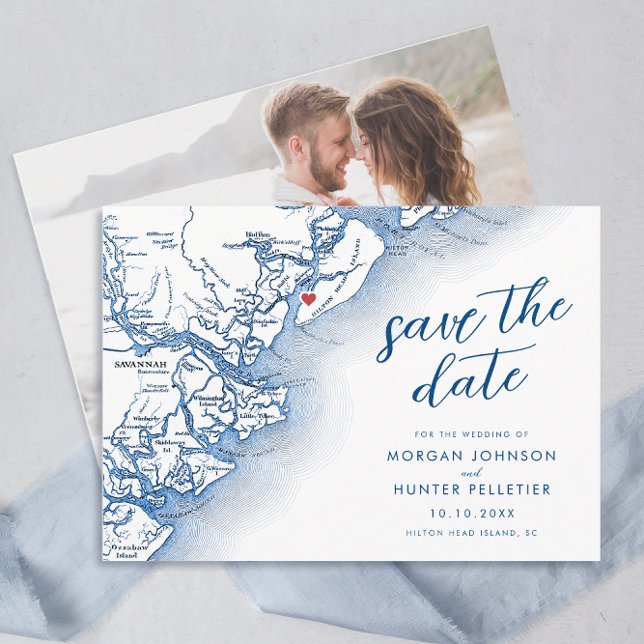Modern karta över Hilton Head South Carolina Bröll Spara Datumet (Hilton Head Island SC map Wedding Photo Save the Date in Modern Navy Blue by Coastal Map Designs)