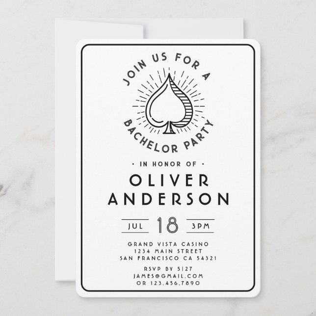 Modern kasino Bachelor Party Poker Card | Vit Inbjudningar (Framsida)