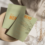 Modern Kassi Bright Whimsical Unik Bröllop Meny<br><div class="desc">En färglös funky,  modern,  smart bröllop-middagsmeny. Med chicens malldesign för boho vintage ljust grönt bakgrund och orange typografi och fet meny i orange. Perfekt och matchning med hela sviten.</div>