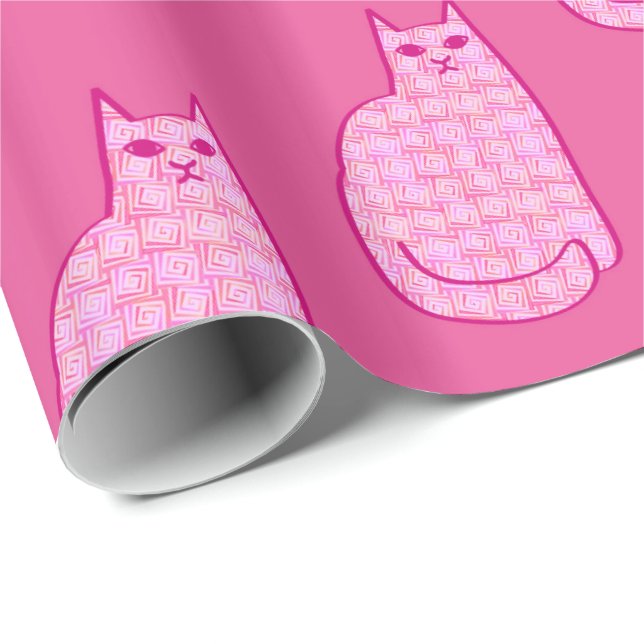Modern katt, Fuchsia och Ljus rosa katt i mitten a Presentpapper (Rullad Hörn)