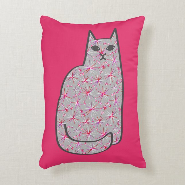 Modern katt-, Grått- och fuchsisk Rosa i mitten av Prydnadskudde (Framsidan(Vertikal))