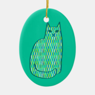 Modern katt-, mynnings- och limgrön i mitten av år julgransprydnad keramik