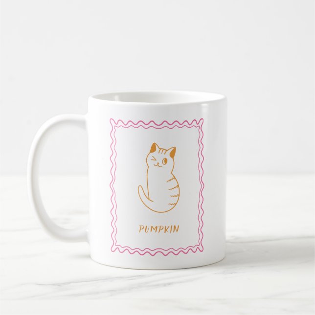 Modern Katt Whimsical Orange och Rosa Kaffemugg (Vänster)