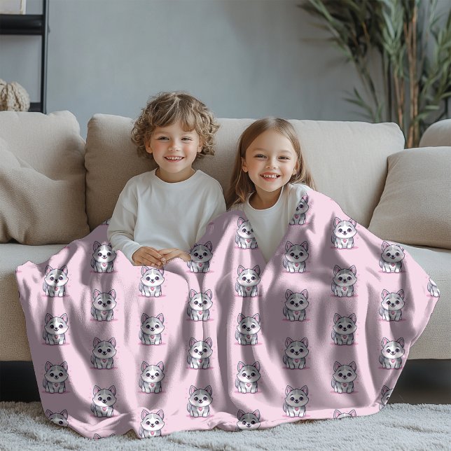Modern Kawaii Husky Valp Rosa Mönster Fleecefilt (Skapare uppladdad)