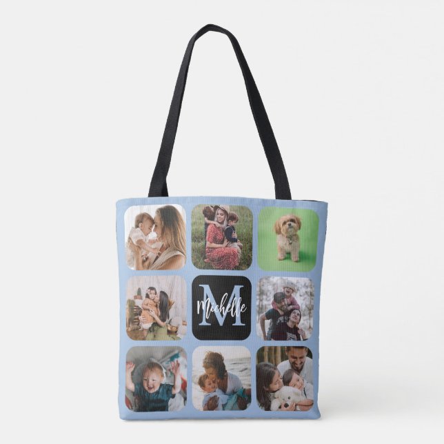 Modern Keepsaké Photo Collage Monogram Tote Bag Tygkasse (Baksida)