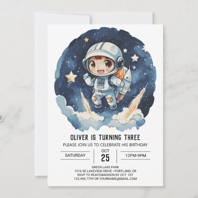 Modern kelestial Cute Astronaut Boy Birthday Inbjudningar (Framsida)