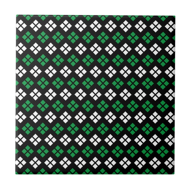 Modern Kelly Grönt & White Argyle Mönster på Black Kakelplatta (Framsidan)