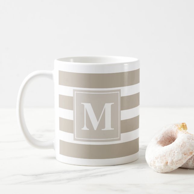 Modern Khaki och White Rand med Monogram Kaffemugg (Med munk)