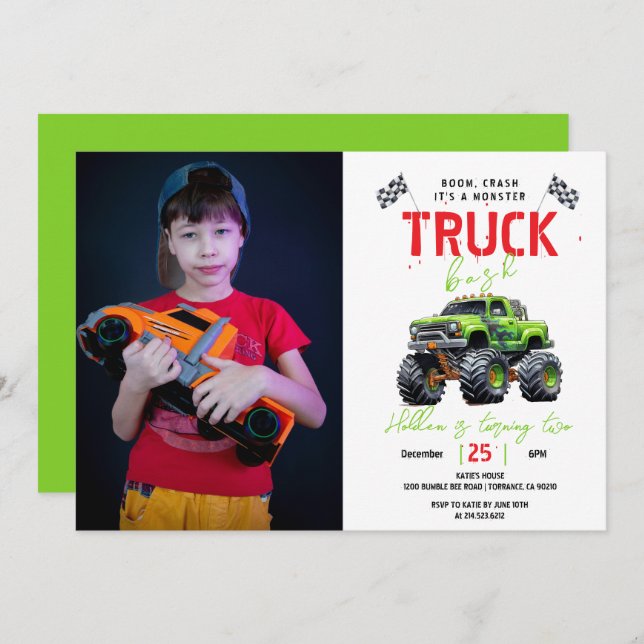 Modern Kids Monster Truck Birthday Party Inbjudningar (Fram/baksida)