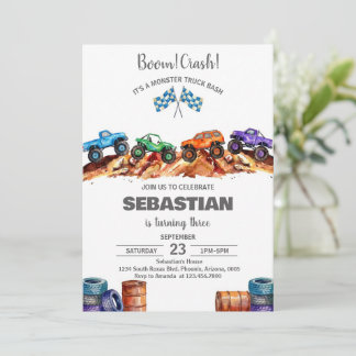 Modern Kids Monster Trucks Birthday Party Inbjudningar