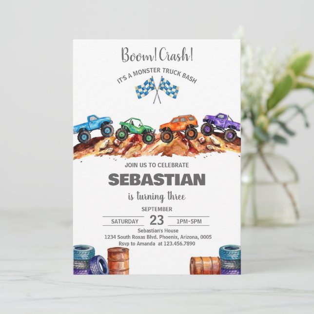 Modern Kids Monster Trucks Birthday Party Inbjudningar (Stående Fram)