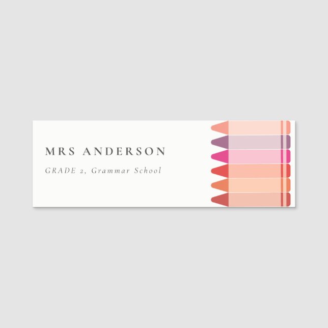 Modern Kids Teacher Colorful Rainbow Crayon Färg Namnbricka (Framsida)