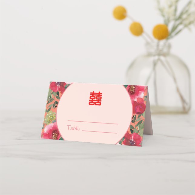 Modern kinesisk bröllops krans av orange blommor placeringskort (Framsida)