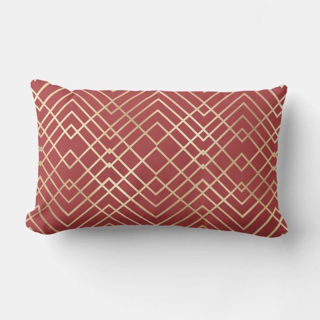 Modern kinesisk rött Art Deco Geometric Mönster Lumbarkudde (Framsida)