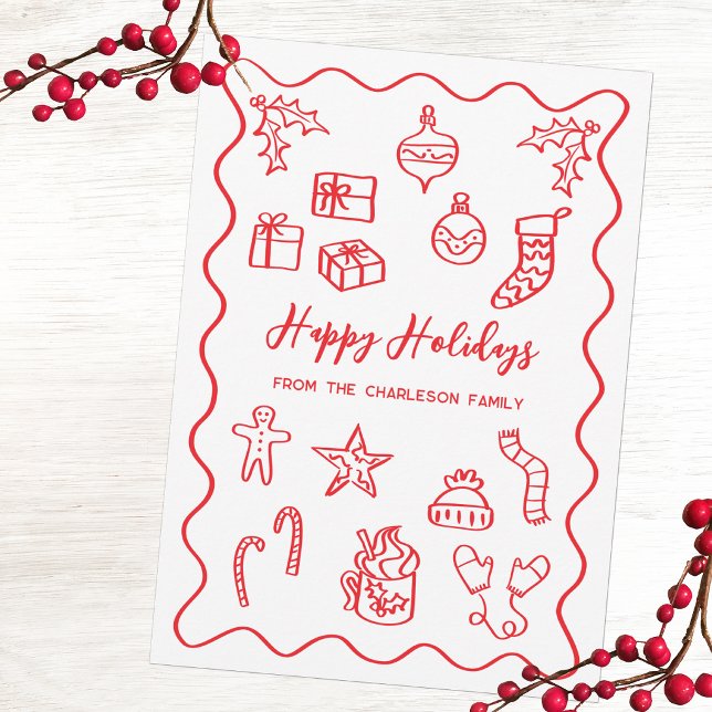 Modern Kladdu Illustration Krafsigt Rött och Vitt Julkort (Fun hand drawn scribble doodle red and white personalized custom text Christmas holiday card)