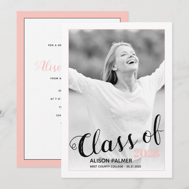 Modern klass för 2023-skript,  rosa foto inbjudningar (Fram/baksida)