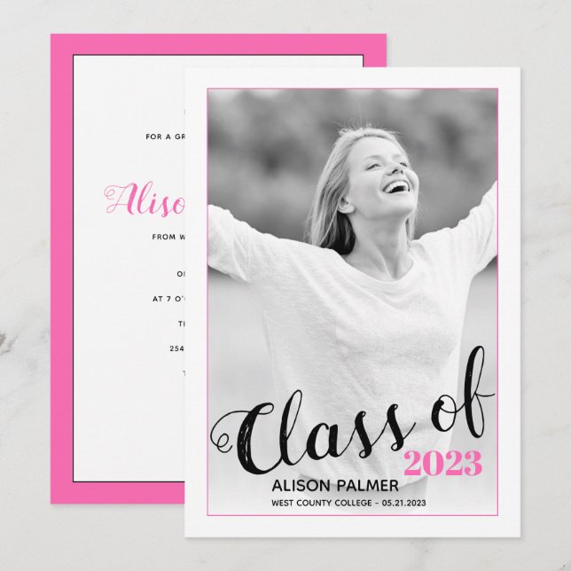 Modern klass för 2023-skriptfoto av shock rosa inbjudningar (Fram/baksida)