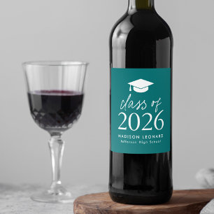 Modern klass för 2025-skriptet Teal Studenten Vinflaska Etikett