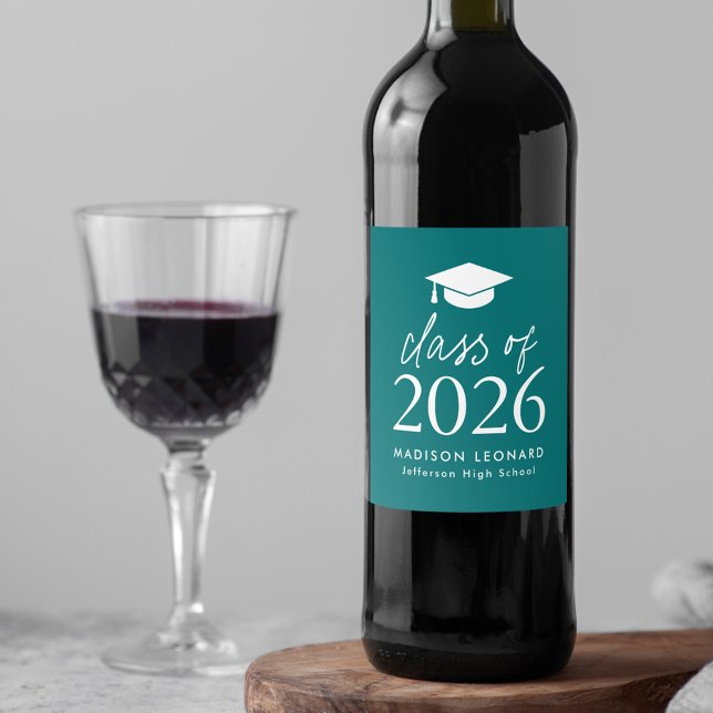Modern klass för 2025-skriptet Teal Studenten Vinflaska Etikett (Skapare uppladdad)