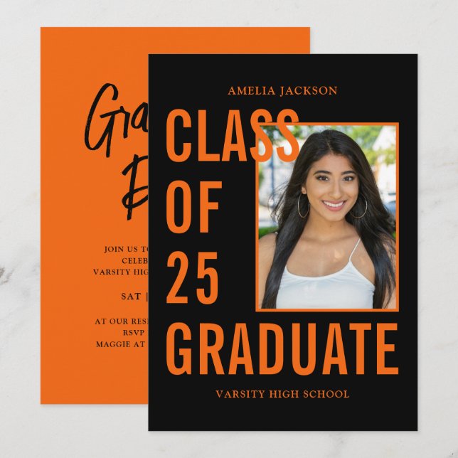 Modern klass med 25 svarta och Orange-Studentfest Inbjudningar (Fram/baksida)