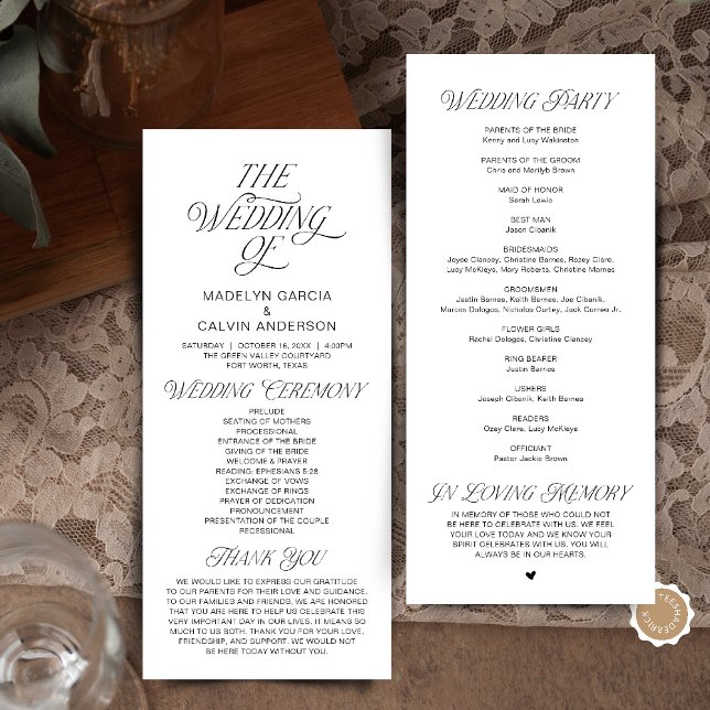 Modern Klassisk Bröllopsceremoniordning Program (Modern Classy Wedding Ceremony Order Program in Black and White)