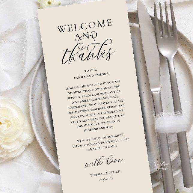 Modern Klassisk Bröllopsfest Tacksamhetskort Program (Modern Classy Wedding Reception Dinner Brunch Lunch Thank You Card in Cream Black)