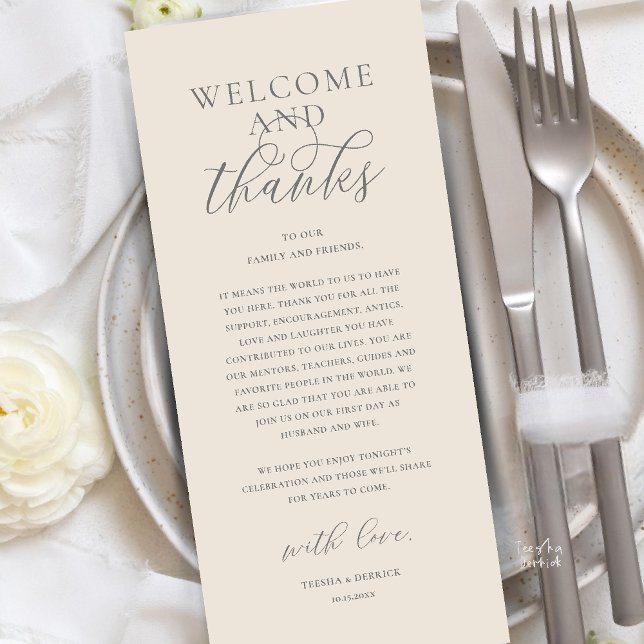 Modern Klassisk Bröllopsfest Tacksamhetskort Program (Modern Classy Wedding Reception Dinner Brunch Lunch Thank You Card in Cream Grey)