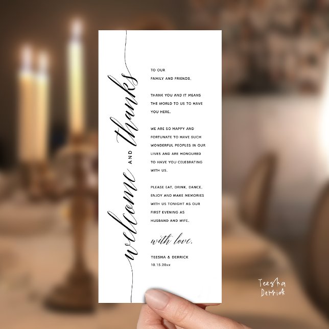 Modern Klassisk Bröllopsmiddag Tackkort Program (Modern Classy Wedding Reception Dinner Thank You Card, Bridal Shower in Black and White)