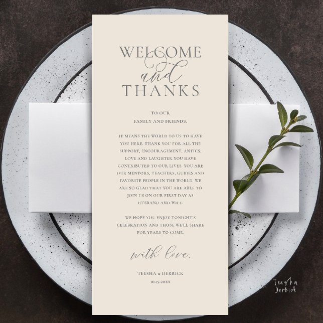 Modern Klassisk Bröllopsmottagning Tackkort Program (Modern Classy Wedding Reception Dinner Lunch Brunch Thank You Card in Cream Grey)