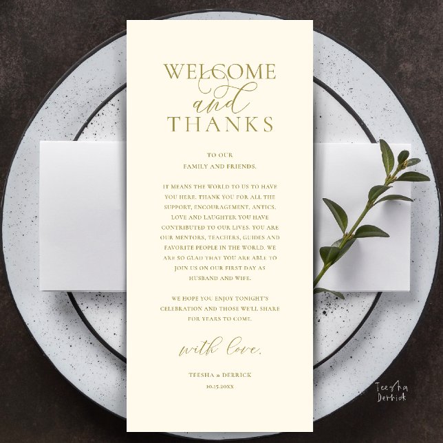 Modern Klassisk Bröllopsmottagning Tackkort Program (Modern Classy Wedding Reception Dinner Lunch Brunch Thank You Card in Yellow Gold)