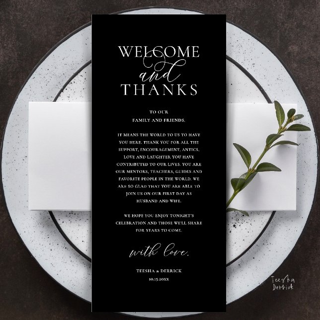 Modern Klassisk Bröllopsmottagning Tackkort Program (Modern Classy Wedding Reception Dinner Lunch Brunch Thank You Card in Black White)