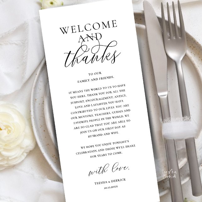 Modern Klassisk Bröllopsmottagning Tacksamhetskort Program (Modern Classy Wedding Reception Dinner Brunch Lunch Thank You Card in black and white)