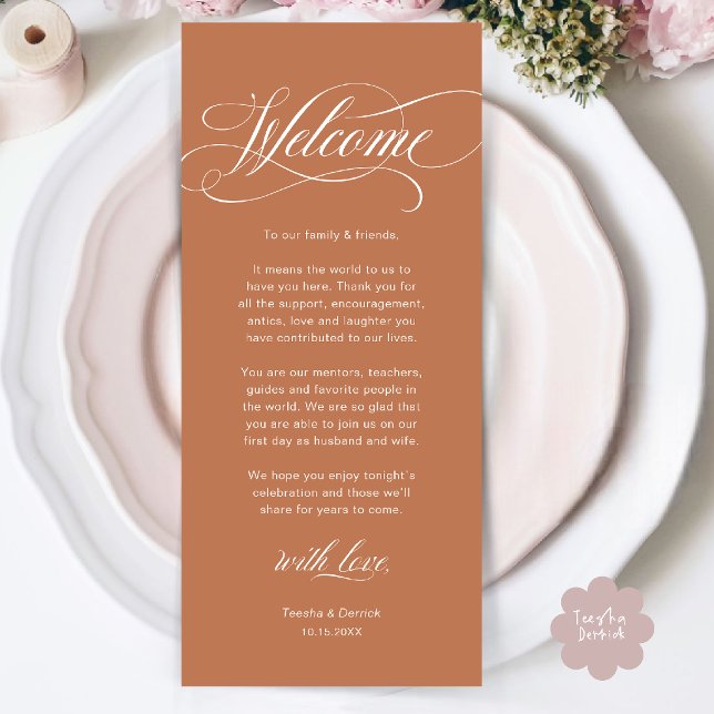 Modern Klassisk Bröllopsplatssättning Tacksamhetsk Program (Modern Classy Wedding Place Setting Thank You Dinner Card in Copper Brown)