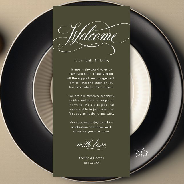 Modern Klassisk Bröllopsplatssättning Tacksamhetsk Program (Modern Classy Wedding Place Setting Thank You Dinner Card in Olive Green)