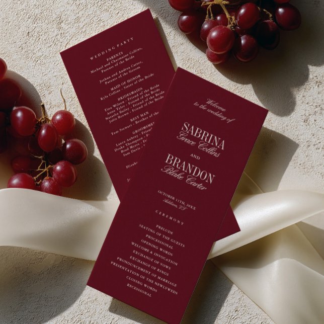 Modern Klassisk Burgunder Röd Bröllopsceremoni Pro (Modern Classic Burgundy Wedding Ceremony Program)