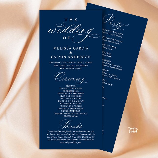 Modern Klassisk Elegant Bröllopsceremoni Program (Modern Classy Elegant Wedding Ceremony Program card navy blue)